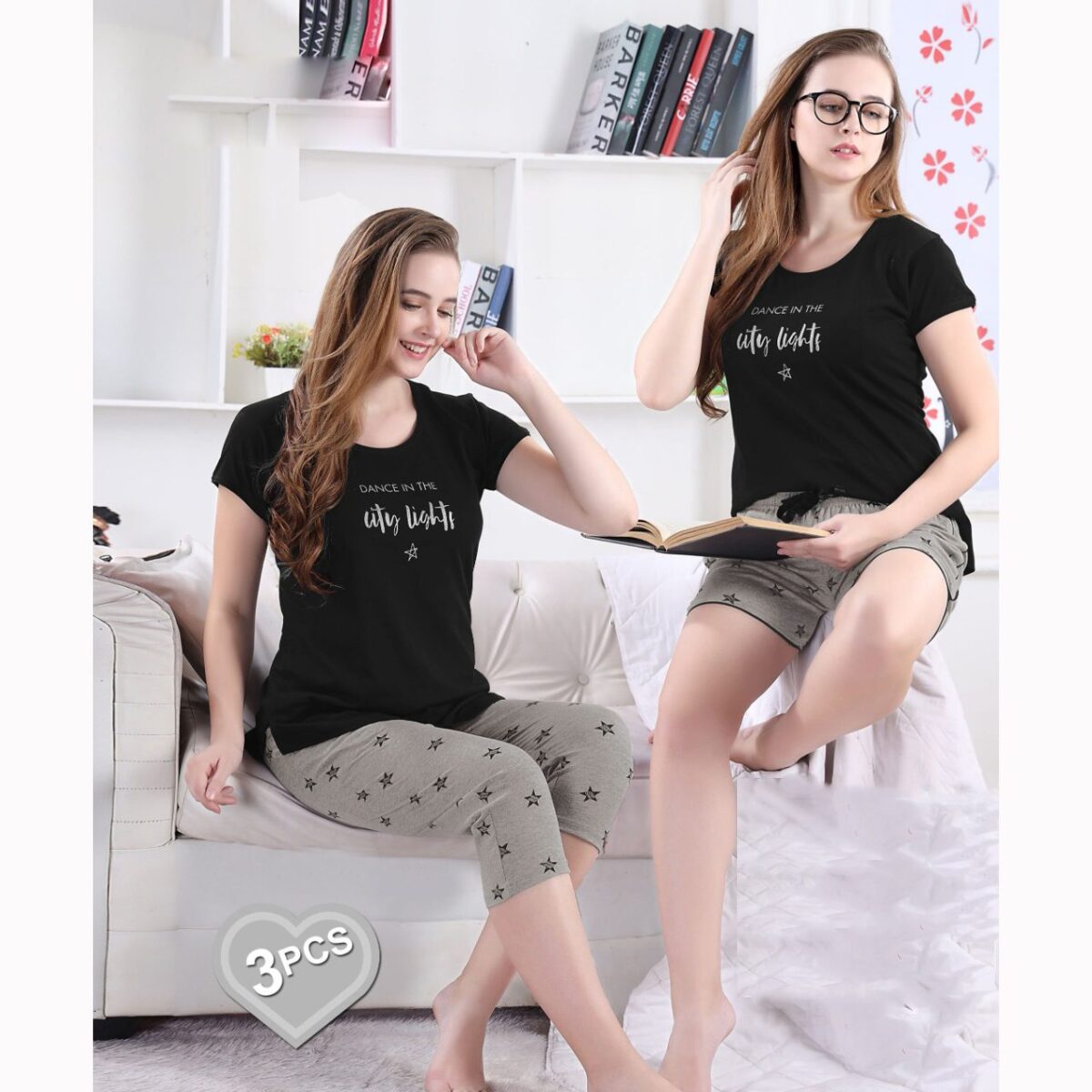 Cotton 3 piece T-shirt / Short / Capri Set (3908) - Image 1