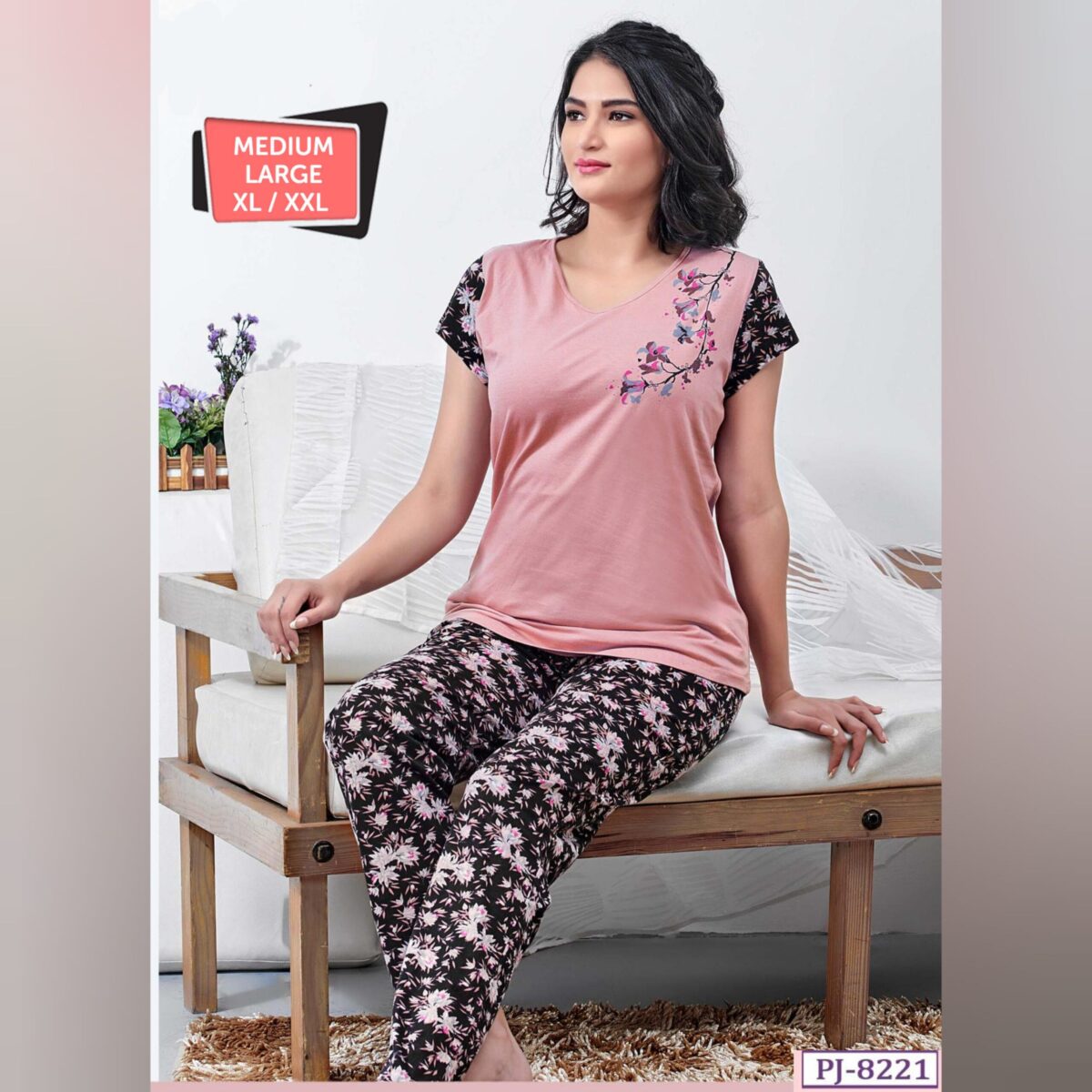 8221-scaled-1.jpg Cotton Women Half Sleeves Pajama Set (8221) - Image 1