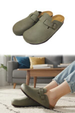 Leather Women's Buckle Slip-On Slippers (F044)