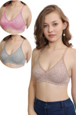 Set of 3 Cotton Lightweight Thin Printed Bra (PK-396)