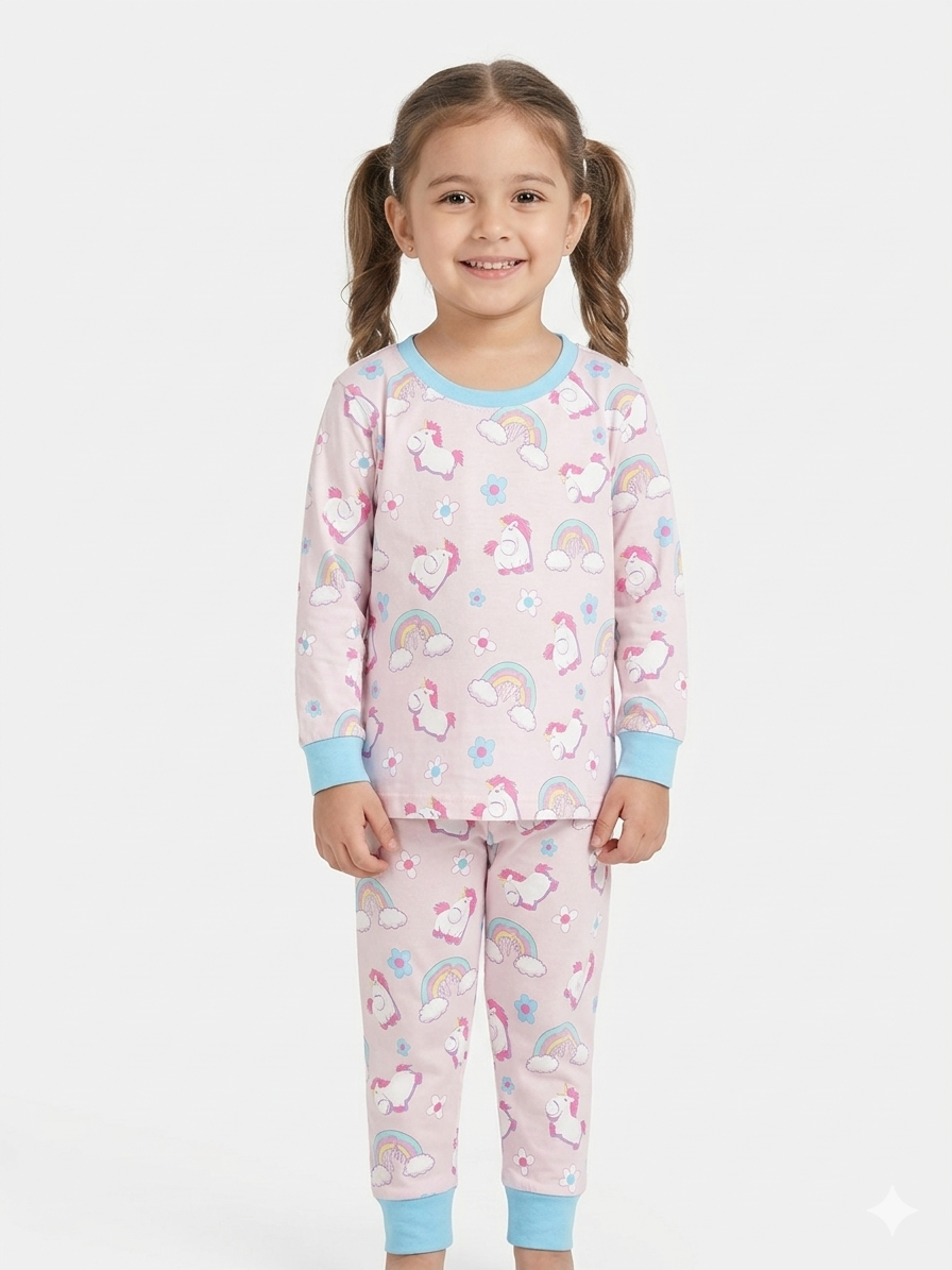 1774777975665 Girls Soft Cotton Unicorn Rainbow Pajama Set (KP22) - Image 1
