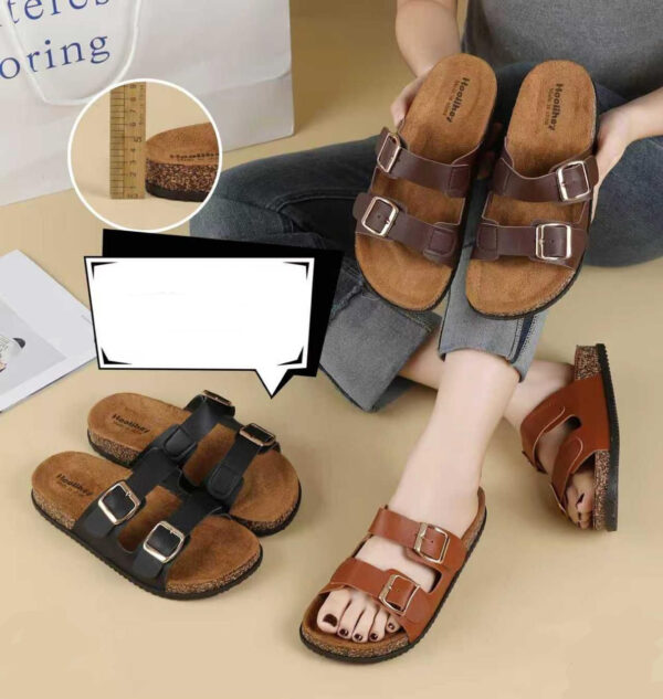 Leather Top Cork Sole Slippers (B2032)